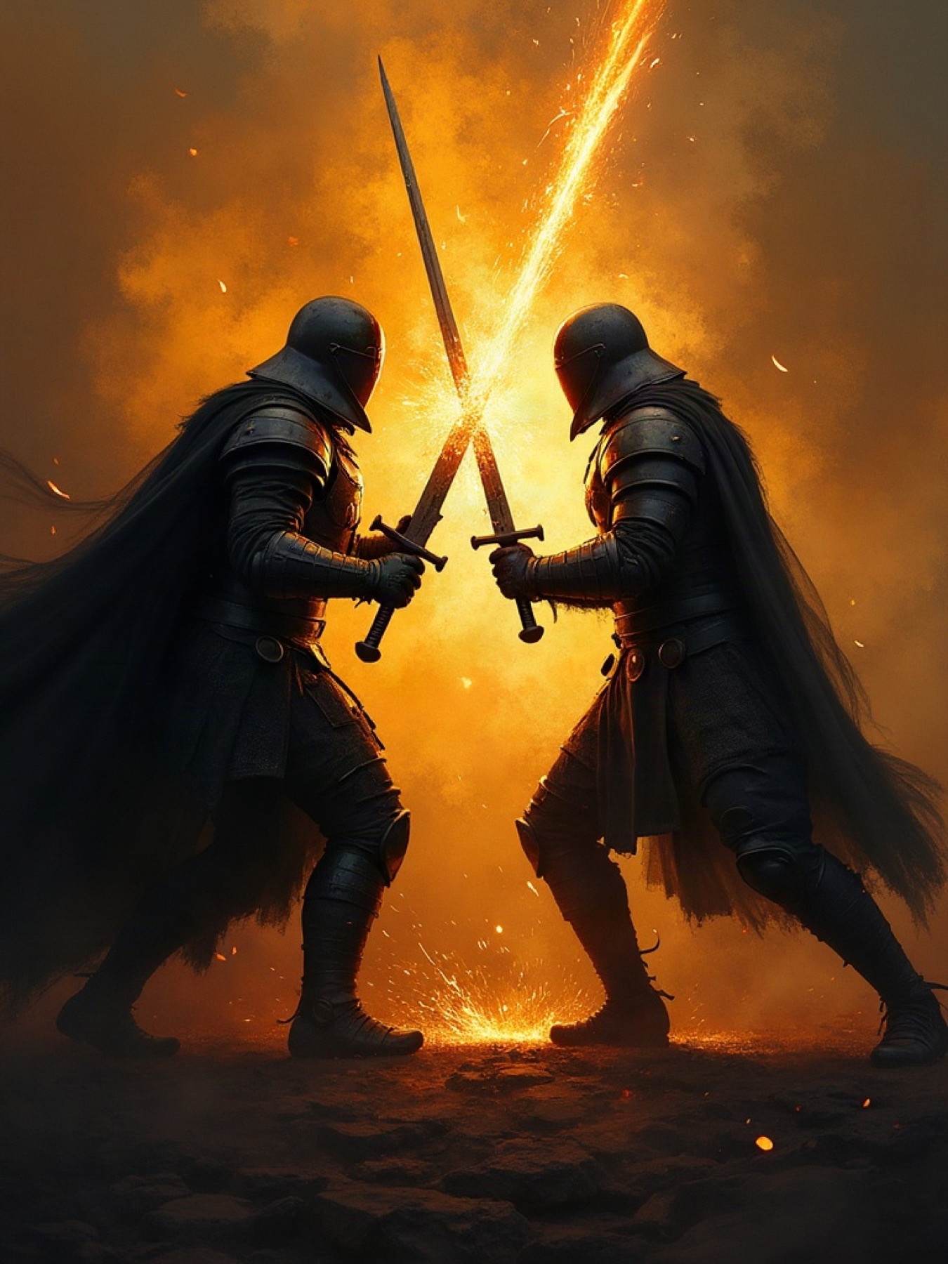Painted key art: two duelists clashing in ember light